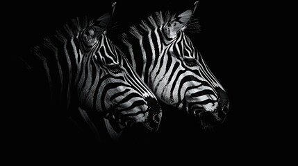 Canvas Print -   A pair of zebras facing opposite directions against a black backdrop