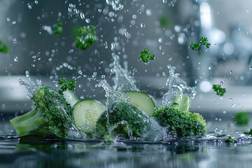 Wall Mural -   A glistening pile of broccoli and cucumber splashes in water on a shiny surface