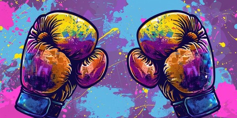 Two boxing gloves on a colorful background.