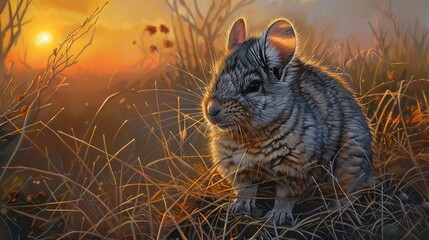 Wall Mural -   A picture of a black cat amidst high blades of grass, with the sun sinking beyond it