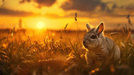 Poster -   Small rabbit on grass in field with sunset in back, grass in front