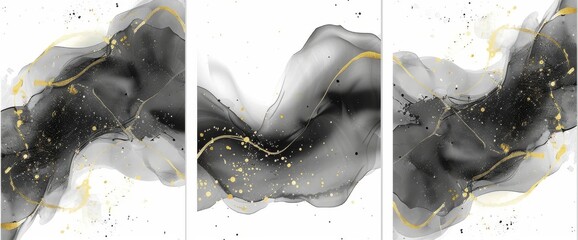 Wall Mural - This is a set of abstract wall art templates featuring black paint, line art, and gold drops. The design is suitable for wall decoration, interiors, prints and covers.