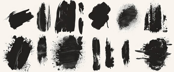 Wall Mural - Isolated black paint, ink, grunge, dirty brush strokes on white background. Artistic design element, box, frame or background for text. Modern grunge set.