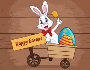 Wall Mural - Greeting Easter card. Easter bunny with an easter egg cart with a wooden sign wishing you a happy Easter