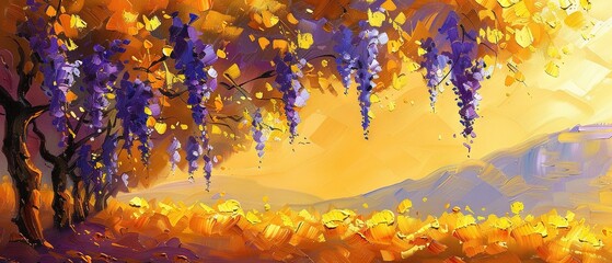 Poster -   A painting depicts a tree with yellow and purple leaves against a yellow and purple sky, surrounded by majestic mountains