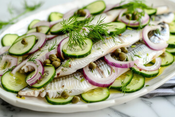 Wall Mural - Marinated herring fillets, garnished with fresh dill and parsley, served on a white plate with a side of onion and cucumber, ready for a gourmet dinner or lunch