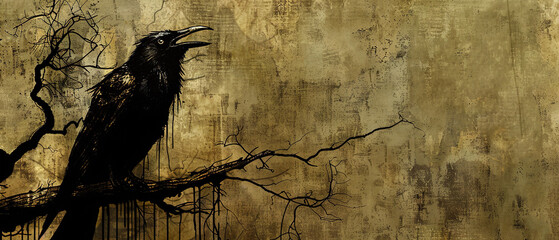 Poster -   Black bird on tree branch against grungy, yellow background