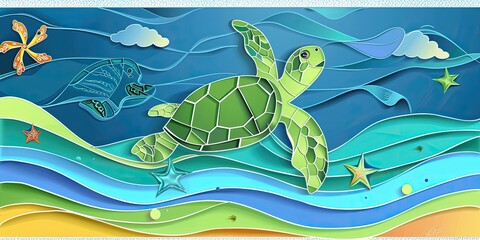 Wall Mural - Sea turtle swims in paper cut-out ocean.