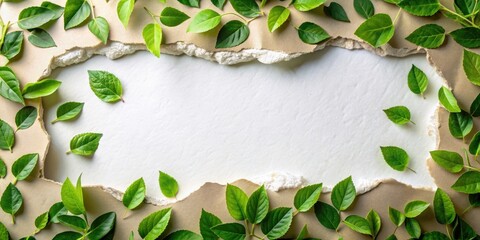 Wall Mural - Background with torn paper and green leaves scattered around, nature, eco-friendly, organic, rustic, textured