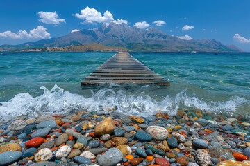 Wall Mural - Wooden Pier Extending into Clear Turquoise Water with Colorful Pebbles and Mountain Range in Background