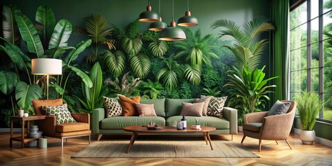 Wall Mural - Lush green jungle-themed living room with tropical plants and animal prints , jungle, living room, tropical, green, plants