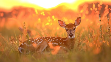 Wall Mural -   A tiny fawn reclining amidst towering blades of grass, bathed in the fading sunlight