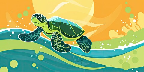 Wall Mural - Green sea turtle swimming in blue ocean.