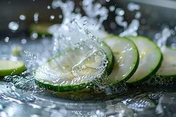 Wall Mural -   A close-up of sliced cucumbers with water splashing out