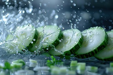 Sticker -   A close-up of a cucumber being sliced with water splashing