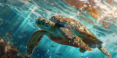 Sticker - A sea turtle swims through blue water.