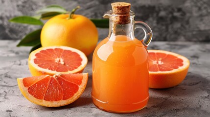 Poster -   A glass of grapefruit juice next to sliced grapefruits