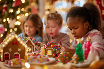 A diverse group of children focused on decorating gingerbread houses with colorful candy and icing during a festive Christmas activity