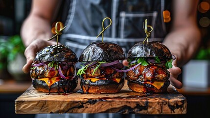 Wall Mural -   Close-up of a person holding three hamburgers on a wooden cutting board with onions on the buns