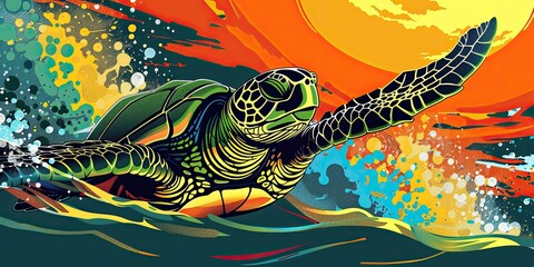 Wall Mural - A green sea turtle swims through colorful ocean waves.