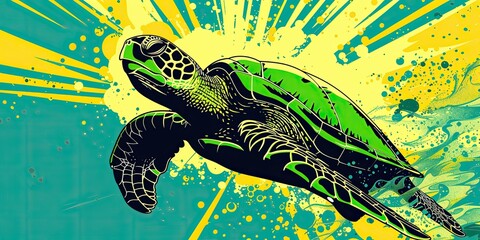 Wall Mural - Abstract sea turtle on yellow and green background.