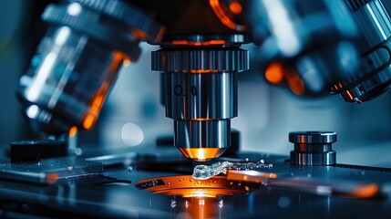 Close-up of a microscope in a laboratory setting during a scientific research session