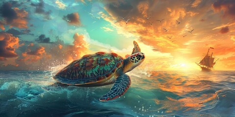 Sticker - Sea turtle swimming at sunset with ship in distance.