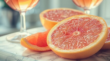 Poster -   Close-up of grapefruit split in half on table with two glasses of wine nearby