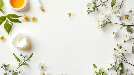 Wall Mural - Spring skincare layout with natural beauty products on a white background with space for text.