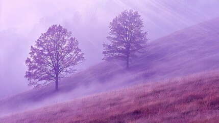 Wall Mural -   A hazy hillside with three trees in the front and a delicate layer of mist behind them