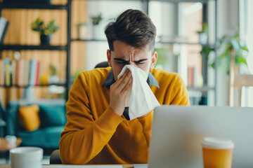 A young man in a yellow sweater blows his nose while working at his desk in an office