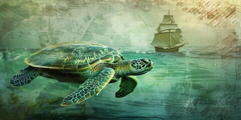 Wall Mural - Sea turtle swims in water with a ship in the