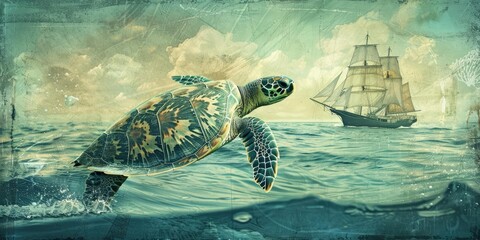 Wall Mural - Sea turtle swims past a ship.