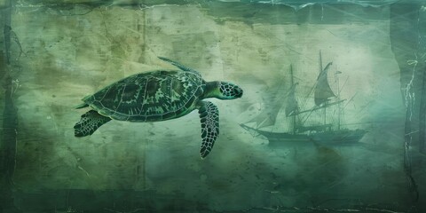 Poster - Green sea turtle swimming past ship silhouette.