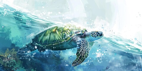 Wall Mural - Sea turtle swims in blue, green water.