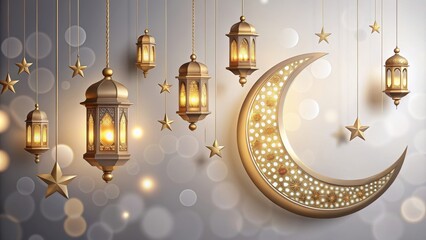 Islamic event decorations with lanterns, crescent moons, and Islamic calligraphy , Ramadan, Eid, Muslim