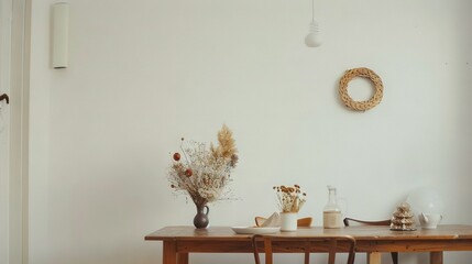 Wall Mural -   A wooden table with vases of fresh and dried flowers