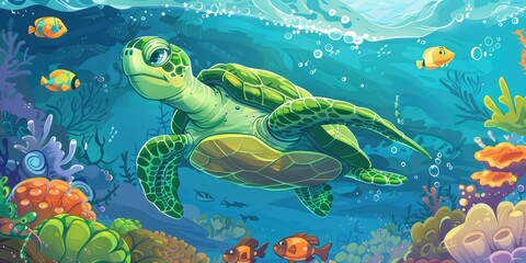 Wall Mural - Cartoon sea turtle swims with colorful fish.