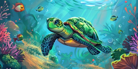 Poster - A sea turtle swims through colorful coral reefs.