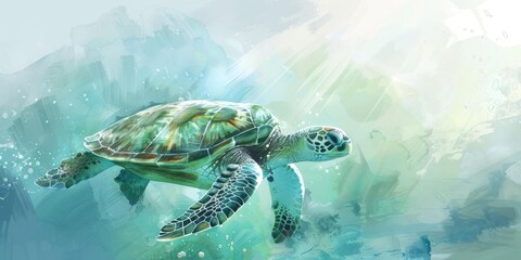 Poster - Green sea turtle swimming in blue water.