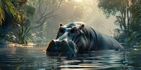 Sticker - A hippopotamus submerged in a tranquil swamp.