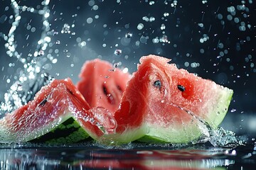 Poster -  Watermelon splashing into water with a splash on top and bottom