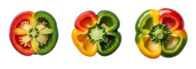 Three peppers are sliced in half, revealing their seeds and the green, red on a transparent background.