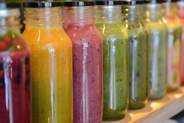 Wall Mural - A row of glass bottles filled with different colored smoothies