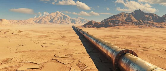 Wall Mural - A long pipe is seen in the desert with mountains in the background