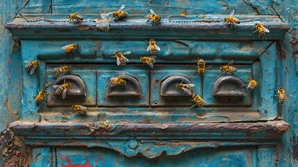 Wall Mural -   A group of bees hover around the blue and rusted metal door with several knobs on it