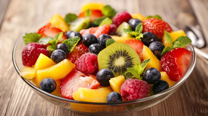 Fresh, nutritious fruit salad delights with colors and flavor. Contains juicy pieces of apples, grapes, oranges and strawberries, which are carefully mixed with the addition of mint leaves.