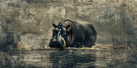 Sticker - Hippopotamus emerges from murky water.