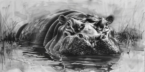 Sticker - Black and white drawing of a hippopotamus in water.