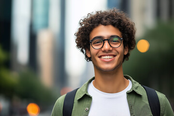 Poster - A young man with curly hair and glasses smiling in an urban outdoor setting, with skyscrapers in the background, depicting a cheerful and confident mood.